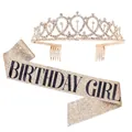 Rose gold glitter birthday girl sash with matching rhinestone tiara set for party decorations - Girl Gold Set / Adult