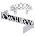 Sparkling silver glitter Birthday Girl sash and rhinestone tiara crown set for parties - GIRL Silver Set / Adult