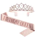 Rose gold glitter Birthday Queen sash and rhinestone crown tiara set for birthday party decoration - QUEEN Rose Gold Set / Adult