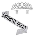 Glittery silver birthday queen sash with sparkling rhinestone tiara set for women - QUEEN Silver Set / Adult