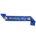 Royal blue satin Birthday Boy sash with elegant gold lettering and crown icons - Boy's Shoulder Strap (gold Crown Design) / Adult