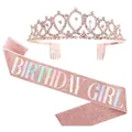 Elegant rose gold birthday girl sash with glitter finish and rhinestone tiara set - Girl Rose Gold Iridescent Set / Adult