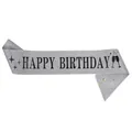 Elegant silver glitter Birthday Sash featuring black Happy Birthday text and gold pin - Happy Double Wine Glass Design (silver Background With Black Lettering) / Adult