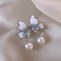 French luxury style butterfly stud earrings with elegant white pearl drops for women - 20# Silver-Blue