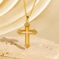 Elegante vergoldete Zirkon Kreuz Kette mit Perlmutt-Inlay auf Naturstein Sockel - C00133 / 18K-Gold