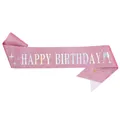 Pink glitter birthday party sash with holographic Happy Birthday text and gold pin - Happy Double Wine Glass Design (pink Iridescent) / Adult