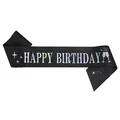 Black glitter birthday party sash with holographic Happy Birthday text and safety pin - Happy Double Wine Glass Design (black Background With Iridescent Colors) / Adult