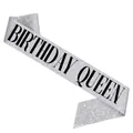 Elegant silver glitter birthday party sash featuring bold black 'Birthday Queen' text - Birthday Queen (silver Background With Black Lettering) / Adult