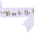 White glitter Mom to Be party sash with gold metallic lettering for baby shower - Mom To Be White Background With Gold Lettering / Adult