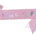 Pink glitter party sash featuring holographic Mom to Be lettering and baby footprint icon - Mom To Be Pink Fantasy / Adult
