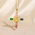 Vergoldete Kreuzhalskette Variante mit fünf lebhaften bunten Zirkonia-Steinen für Damen - C00148 / 18K-Gold