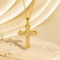 Elegante vergoldete Kreuzhalskette mit funkelnden Zirkonia auf Natursteinsockel - C00122 / 18K-Gold