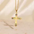 Elegante vergoldete Kreuzkette mit bunten Zirkonsteinen für modebewusste Frauen - C00150 / 18K-Gold