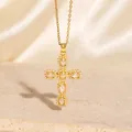 Elegante goldfarbene Zirkonia-Kreuz-Halskette mit Mikroperlen-Akzenten für Damen - C00154 / 18K-Gold