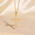 Elegante goldene Kreuz-Halskette mit Perlenbesatz, luxuriöser minimalistischer Damenschmuck - C00157 / 18K-Gold