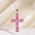 Elegante Silberkette mit rosa Zirkonia-Kreuzanhänger für Damen - C00163 / 18K-Gold