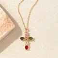 Elegante vergoldete Zirkon-Kreuzkette mit bunten ovalen Edelsteinen SKU-Ansicht - C00176 / 18K-Gold