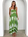 Vestido largo boho verde con estampados florales blancos y un escote cuadrado.. - S / Verde