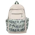 Mochila escolar de gran capacidad en beige y verde salvia con diseño de graffiti moderno - Bolso Simple Grande / Blanco
