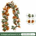 Realistische 175 cm künstliche Ahornblatt-Girlande für Halloween Herbst Dekoration - 36-Kopf Ahornblatt Rebe (Stil 14-34) - Inklusive 2 Haken / Retro Herbstfarbe
