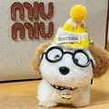 Cute white puppy plush keychain wearing glasses and a yellow knitted hat ornament - Glasses Puppy (Yellow Hat) / White