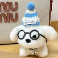 Adorable mini white puppy plush keychain with round glasses and blue knit hat - Glasses Puppy (Blue Hat) / White