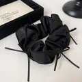 Ballet style satin scrunchie in black with ribbon ties, 13.5cm outer diameter. - Ribbon Style (Approx 13.5cm Diameter) / Black