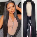 Long black straight synthetic hair wig shown on model and professional mannequin stand - Black / 18 inch