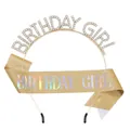 Elegant gold rhinestone Birthday Girl headband and glitter sash set for birthday party décor - Gold Holographic Set