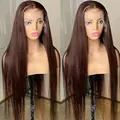 Side-by-side view of long straight dark brown synthetic wig on a mannequin head. - Dark Brown / 18 inch