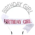 Detail view of the silver rhinestone Birthday Girl tiara and white sash party set - Pink Jewelry Set