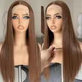 Natural long straight chocolate brown synthetic lace front wig with middle part - Tan / 18 inch