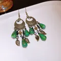 Bohemian vintage ethnic dangle earrings with green water-drop beads and leaf charms - Ear Hook - Green - Water Drop