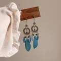 Elegant vintage bohemian blue feather long hook earrings with antique filigree detail - Ear Hook - Blue Pendant
