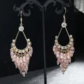 Bohemian gold dangling earrings featuring pink crystal beads and sparkling rhinestones - Ear Hook - Pink Crystal Tassel