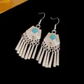 Vintage bohemian silver drop earrings featuring round turquoise stones and hanging tassels - Ear Hook - White Cotton Tassel