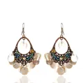Bohemian vintage ethnic dangle earrings with mother of pearl discs and colorful beads - Ear Hook - White Cotton Tassel