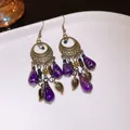 Vintage bohemian style long hook earrings with purple teardrop beads and bronze leaf charms - Ear Hook - Purple Gemstone Style