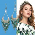 Bohemian green beaded tassel chandelier earrings with gold hooks for women - Ear Hook - Blue Sequin Tassel