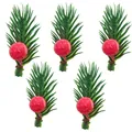 Detail of five mini Christmas pine sprigs with textured red berries on white. - 6cm Pine Needle Glass Beads With Red Berries