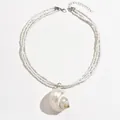 Close-up of bohemian multi-layer white seed bead necklace with natural shell pendant - 3-Layer Necklace (H9058A)