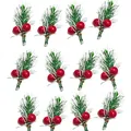 Set of 12 artificial Christmas pine sprigs with red berries and snowy frost finish. - 6cm Brushed With White Pine Needles And Red Berries