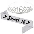 Ασημί σετ Sweet 16 με τιάρα από στρας και γκλίτερ κορδέλα για γενέθλια - 16α Γενέθλια Ασημί / Σετ