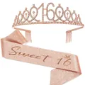 Κομψό σετ τιάρα Sweet 16 σε ροζ χρυσό με στρας και αστραφτερή κορδέλα πάρτι - 16 Ροζ Χρυσό [γλυκο 16] / Σετ