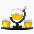 Elegant globe whiskey decanter set with internal glass ship, two glasses and wooden base. - 850ml Wine Bottle + Oval Wooden Stand + 250ml Bottles; Transparent