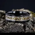 Detailed macro view of a faceted black stainless steel ring with gold foil and bone inlay - 7 / Black Faceted Side White And Yellow Inlay Stainless Steel Ring