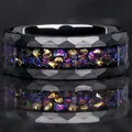 Detailed macro view of a faceted stainless steel ring featuring vibrant colorful inlay - 7 / Faceted Edge Style / Black Nebula