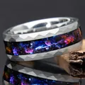 Detailed macro view of hammered stainless steel ring with colorful galaxy inlay details - 7 / Faceted Edge Style / Silver Galaxy Starry Sky