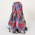 Vibrant paisley print satin square headscarf shown tied on a model head - Large Square / 90*90cm / Rose Red