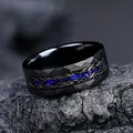 Stylish black stainless steel hammered ring with a vibrant blue galaxy nebula inlay - 7 / Black Faceted Side Blue Inlay Stainless Steel Ring